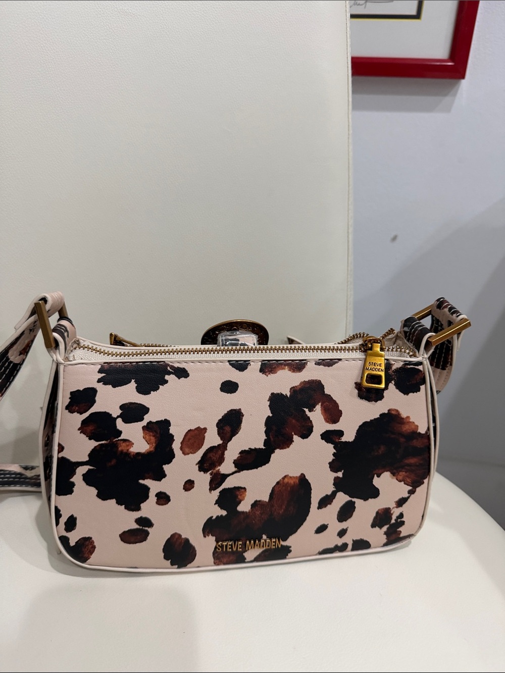 Steve Madden Beige/Brown/Gold/Black Cow Print Crossbody Bag - Picture 4 of 5